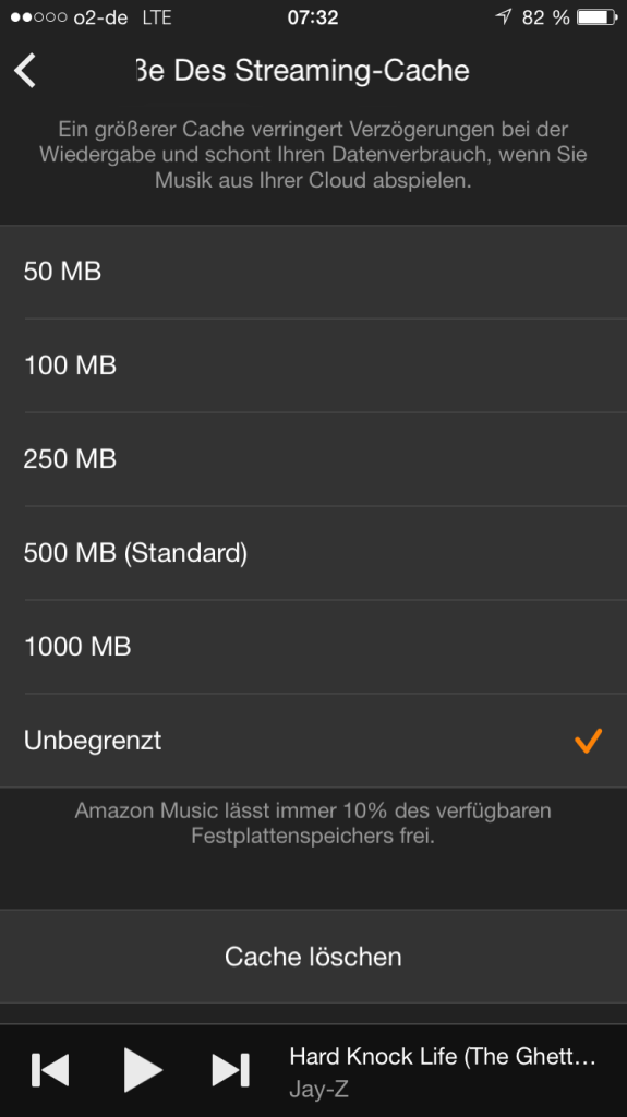 Amazon Music App - Einstellungen - Größe des Streaming Cache