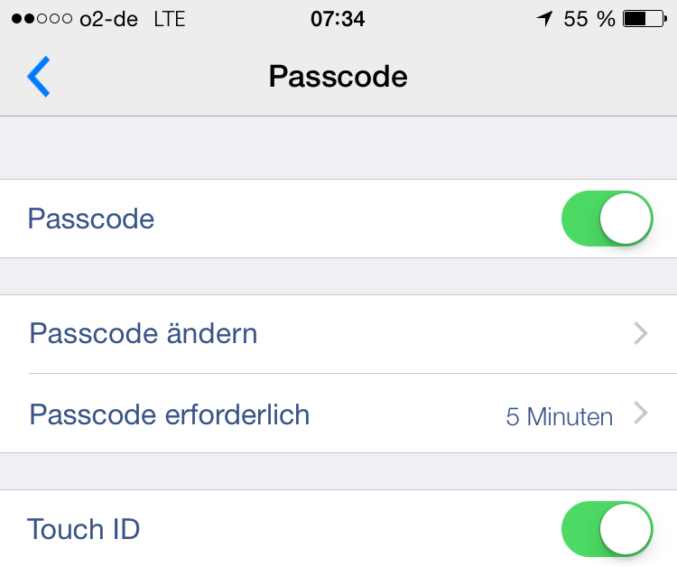 Passcode und Touch ID aktivert