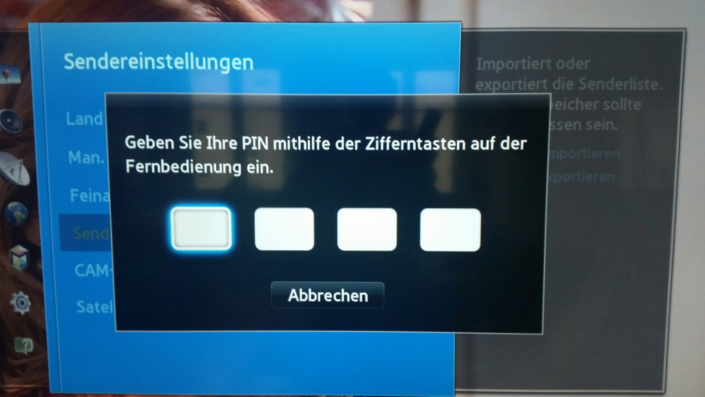 Samsung TV F Serie - Menü Senderempfang - Sendereinstellungen - Senderliste übertrag.- PIN