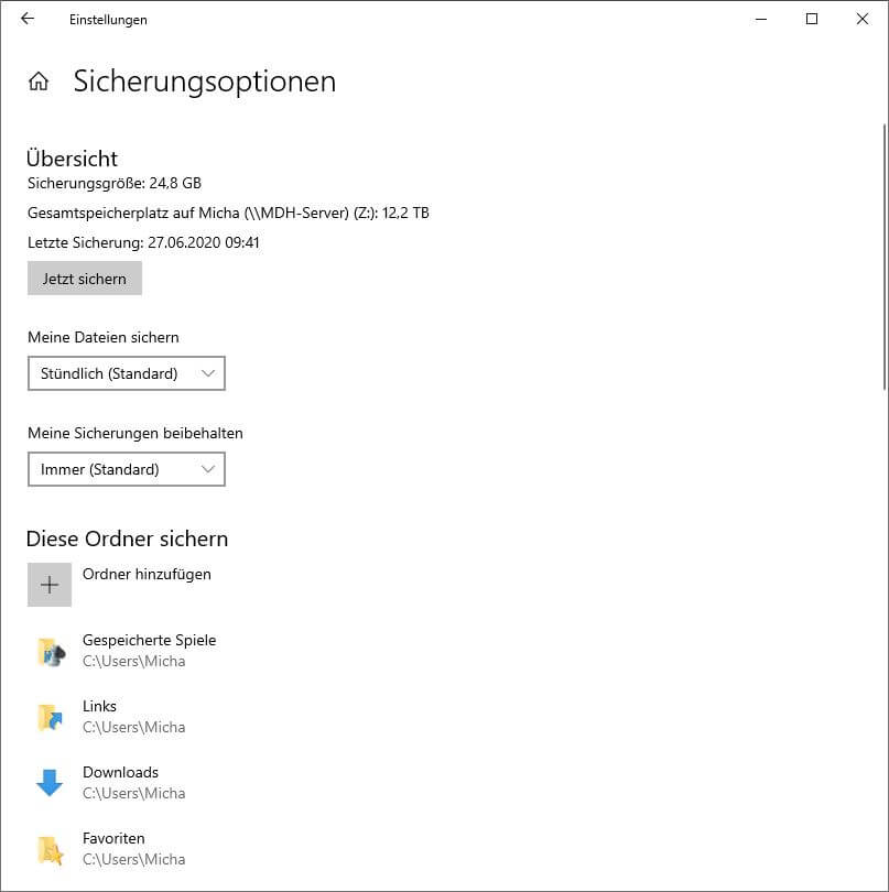 Windows-Einstellungen - Sicherung - Dateiversionsverlauf sichern - Sicherungsoptionen einstellen