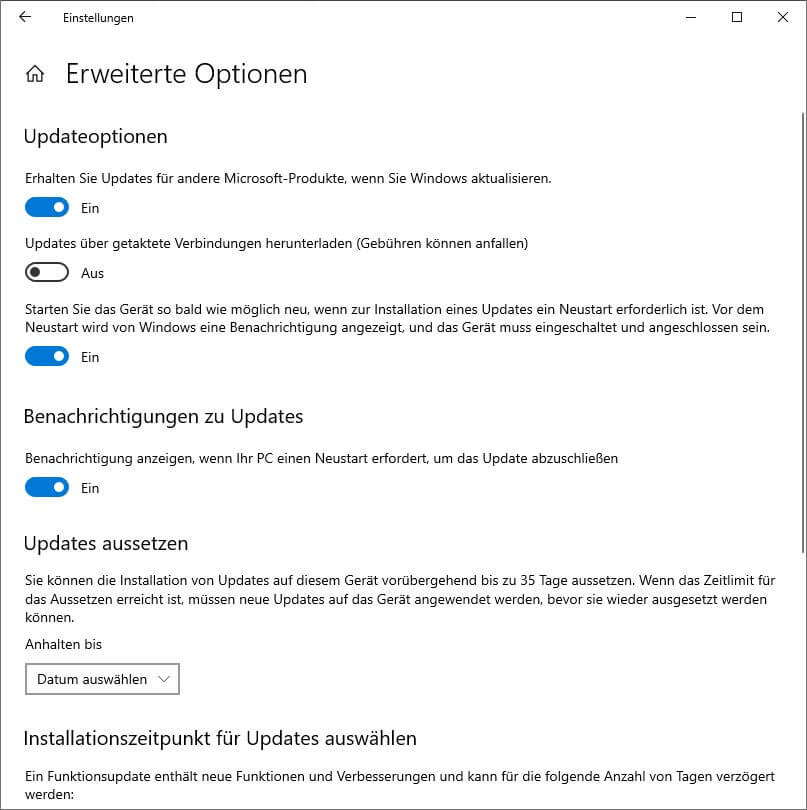 Windows Updates - Erweitere Optionen